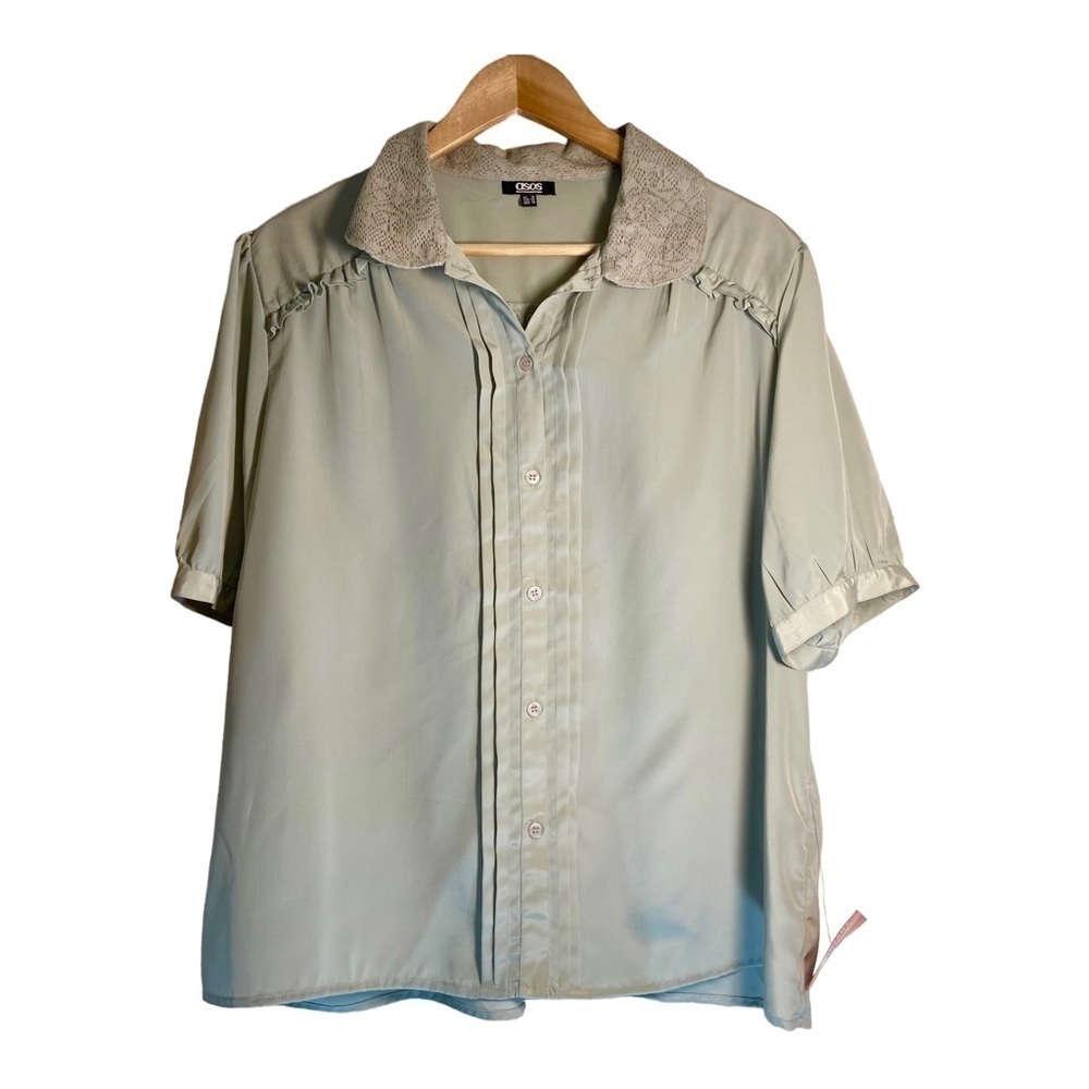 ASOS Pale Mint Short Sleeve Button-Up Blouse with Lace Collar